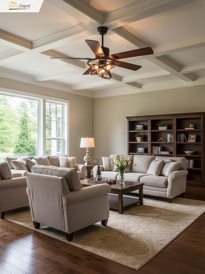 Bella Depot 52 Inch Farmhouse Ceiling Fan Chandelier with LED Light, 6-Speed, Reversible, Timer, Remote Control for Large Living Room, Covered Patio