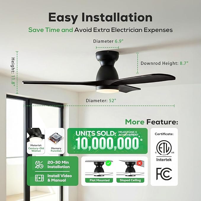 52in Smart Flush Mount Ceiling Fans with Lights,Outdoor Low Profile Wood Ceiling Fan Quiet DC Motor,Work with Alexa/Gg Voice Control/App/Remote,Dimmable,6-speed, Easy Install for Patio,Porch,Black