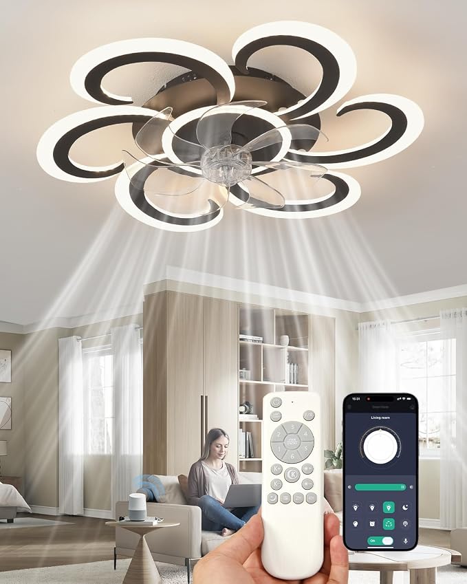 24" Black Flower Ceiling Fan with Light Remote Control, 3 Light Color 6 Speeds Flush Mount Low Profile Ceiling Fan for Bedroom Kitchen