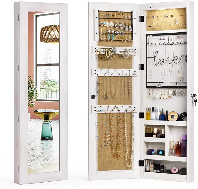 SRIWATANA Washed White Jewelry Cabinet with Full Length Mirror, Solid Wood | Wall & Door Mounted Wood Jewelry Armoire; Space-Saving Mirror Cabinet with Lockable Door & Large Capacity