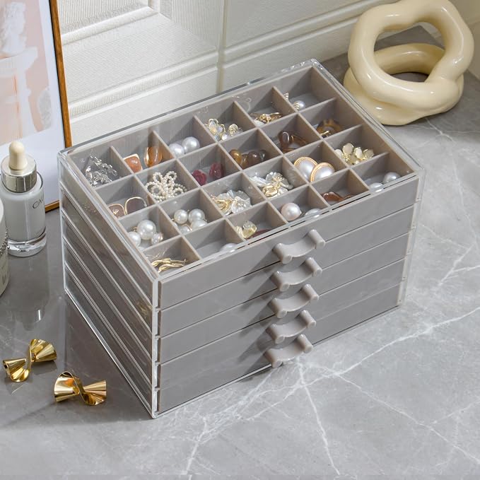 YUFONG Earring Storage Box Organizer, Acrylic Jewelry Storage Box Holder 5 Drawers Transparent Jewelry Display Stand with 120 Small Compartments Gift Boxes for Women Girls (Gray)