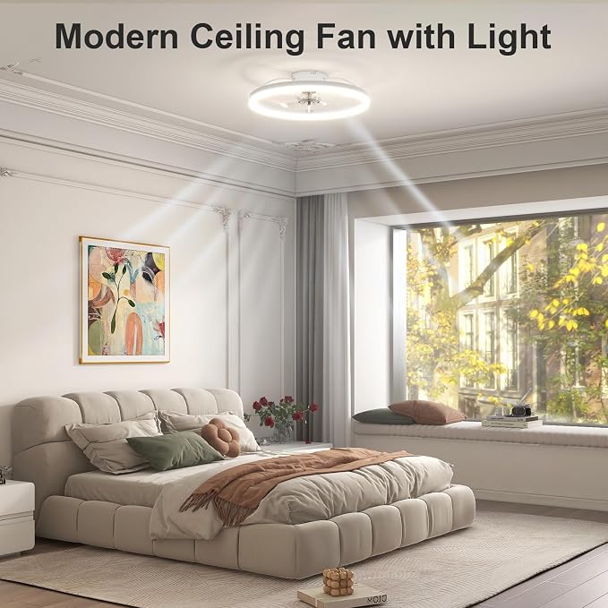 VOLISUN Low Profile Ceiling Fans with Light and Remote, No Assembly, 19.7in Bladeless Ceiling Fan with Lights,3000K-6500K Dimmable Flush Mount LED Fan Light,White Fandelier Ceiling Fans for Bedroom