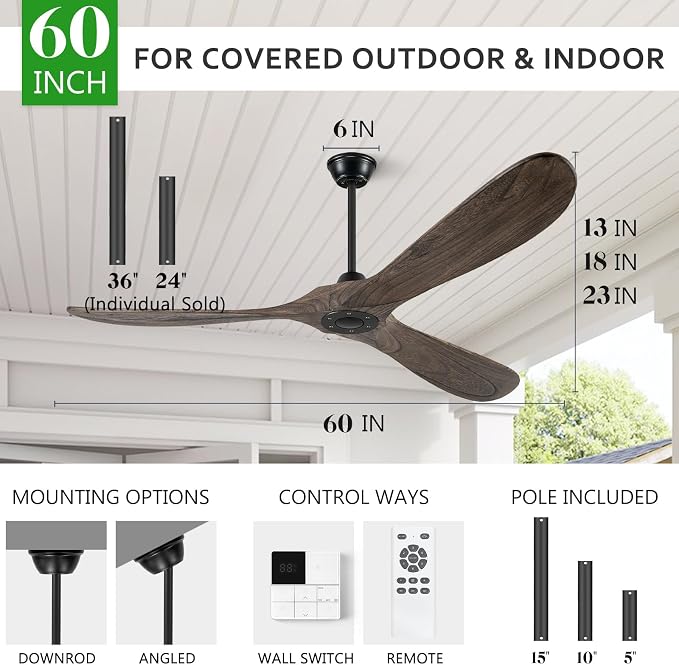 Eliora 60" Ceiling Fans Without Lights, Wood Ceiling Fan no Light with Remote, Large Outdoor Ceiling Fan for Patio, Porch, Bedroom, 6 Speed, Quiet DC Motor, ETL Listed-Deep Brown