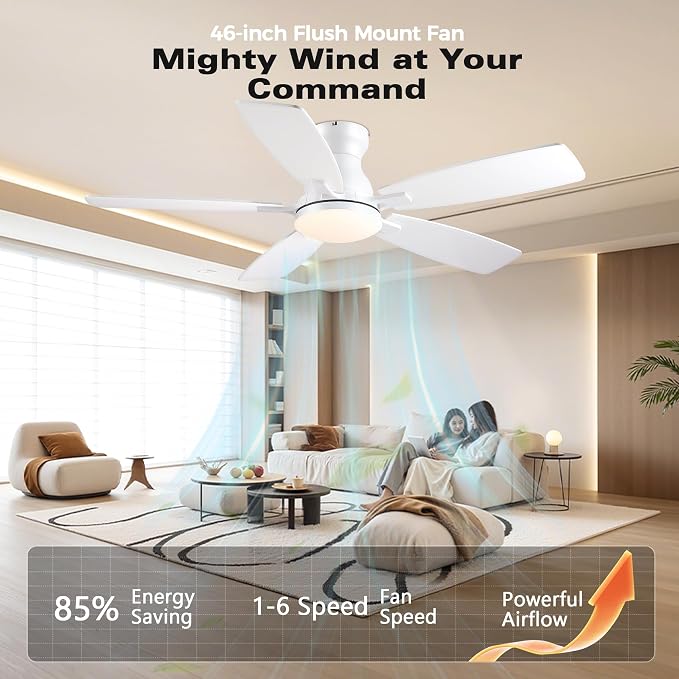 JSAITEE 46 Inch Low Profile Flush Mount Ceiling Fan with Lights, Black | Flush Mount Low Profile Ceiling Fan with DC Motor, 6 Speeds 3CCT Dimmable, Modern Indoor Fan Light Fixtures
