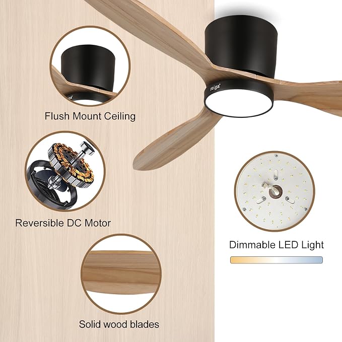 reiga 52" Natural Wood Flush Mount Ceiling Fan with Light, Quiet DC Motor | 3 solid wood blades, reversible silent motor; dimmable 3CCT LED light, remote timer for bedroom & mid-century indoor spaces