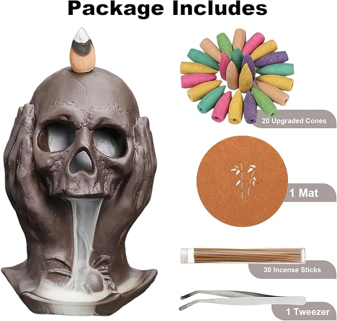 Comeon Skull Decor Incense Stick Holder Reverse Flow Censer Waterfall Burner Set + Backflow Incense Cones, Incense Sticks, Tweezers, and Mat