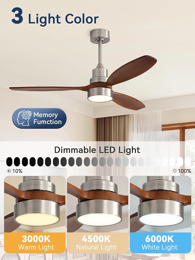 Sofucor 52 inch Wood Ceiling Fan with Light, Quiet 6-Speed 3 Blades Reversible LED Ceiling Fan, Modern Rustic Fan with Dimmable Light for Living Room Bedroom Home Office Cafe Patio Porch