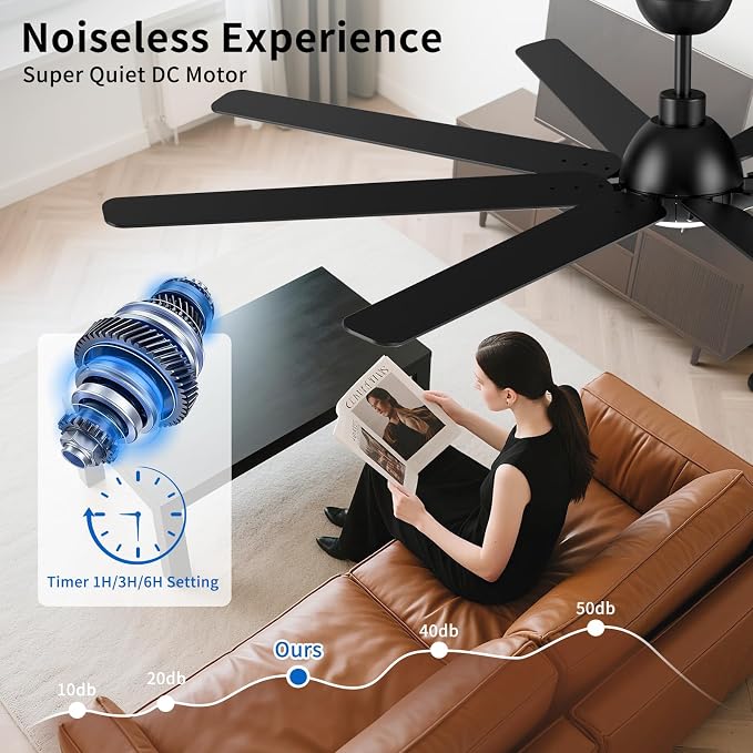 72 Inch Ceiling Fan with Light and Remote Control, Black | 6-Speed Quiet Reversible DC Motor, 3CCT Dimmable LED Light,8 Wood Blades,Used for Living Room, Office,Covered Patio