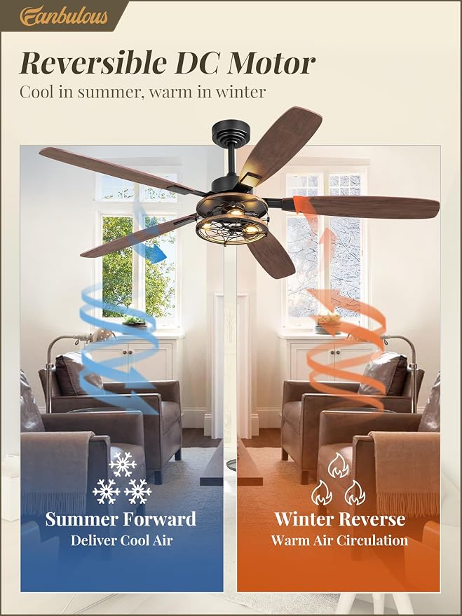 Fanbulous Farmhouse Ceiling Fan with Light and Remote, Industrial Caged Flush Mount Ceiling Fans with 6 Speed Reversible Motor and Dual Finish 5 Blades, for Living room, Bedroom (Black, 60 Inch)