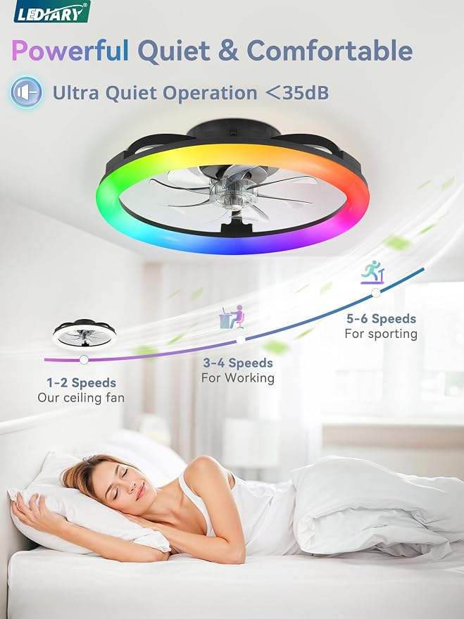 LEDIARY RGB Low Profile Ceiling Fans with Lights and Remote, 20 Inch Dimmable Modern Fan Light(3000K-6000K), 6 Speed, Reversible, APP & Remote Control, Flush Mount Ceiling Fan for Bedroom, Black