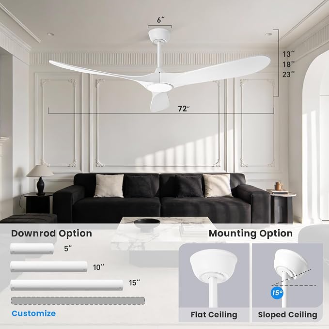 heimo 72 Inch White Ceiling Fan with Light and Remote, Wood Outdoor Ceiling Fans with Lights Dimmable for Bedroom Living Room Patios Proch Office Rustic Extra Large High Cfm Exterior Fan