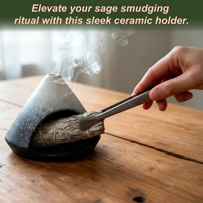Ceramic Sage Smudging Holder, Pyramid Design Incense Burner with Smoke Outlet, 4.7 x 4.5 x 0.39 Inch, Black and White Glazed Finish (Black)