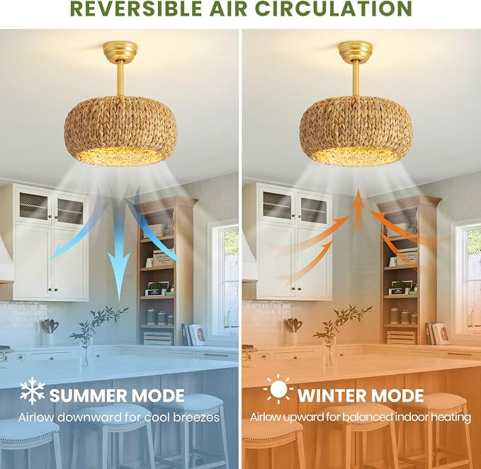Caged Rattan Ceiling Fans with Lights,Boho Flush Mount Ceiling Fan with Light Low Profile Chandelier 6 Speed Bladeless Reversible Ceiling Fan for Living Room Bedroom kitchen island dining room 17inch