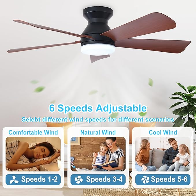 Depuley Modern Ceiling Fan with Light: 42-Inch Black Small Fans for Bedroom Indoor Outdoor - Dimmable Low Profile Ceiling Fans with Remote Control Flush Mount 5 Reversible Walnut Blades 6 Speeds Timer