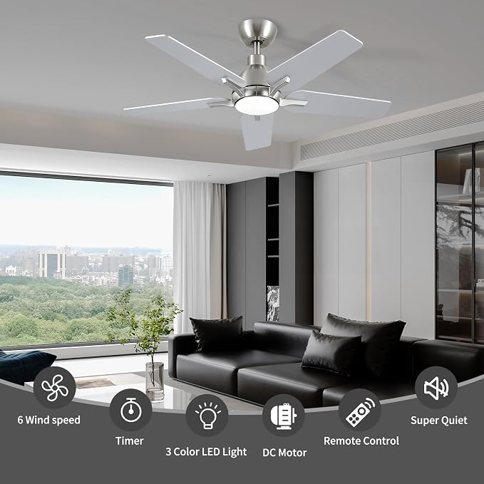 42 Inch Ceiling Fans with Lights, Brushed Nickel Ceiling Fan with Remote, Modern Ceiling Fan for Bedroom, Living Room, Dining Room, Patio, 3CCT Dimmable 6 Speeds DC Quiet