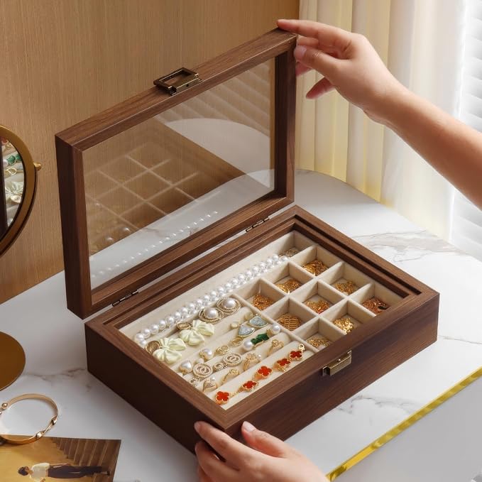 2-Layer Glass Lid Walnut Jewelry Box for Women, Vintage Style Solid Wood Jewelry Organizer and Display Case, Ideal Gift for Rings, Earrings, Necklaces & Bracelets
