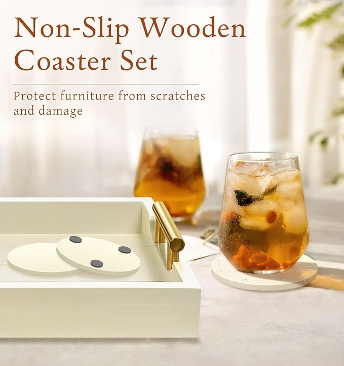 SXNOWS Wooden Serving Tray with 2 Sets of Handles,Cream | Rectangle 16.5x13 Inch Ottoman Decorative Tray for Coffee Table Kitchen Bar Living Room Breakfast in Bed, 4 Coasters Included