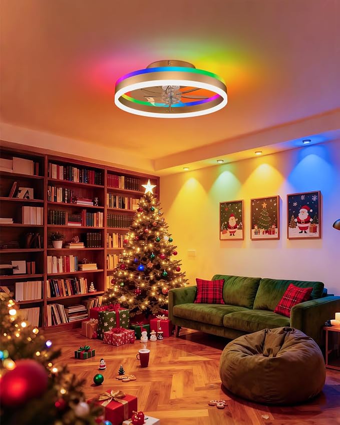 RGB Ceiling Fan with Lights, low profile ceiling fans with lights and remote, Flush Mount LED Fan Light, Modern Bladeless Fandelier for Bedroom Works with APP, 16IN Gold