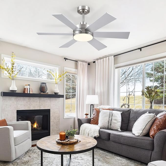 42 inch Ceiling Fans with Lights, Ceiling Fan with Remote APP, Dual-Sided Modern/Rustic 6 Blades, Reversible, 3CCT, Sloped Flush Mount Low Profile Ceiling Fan with Lights Bedroom Kitchen Indoor Nickel