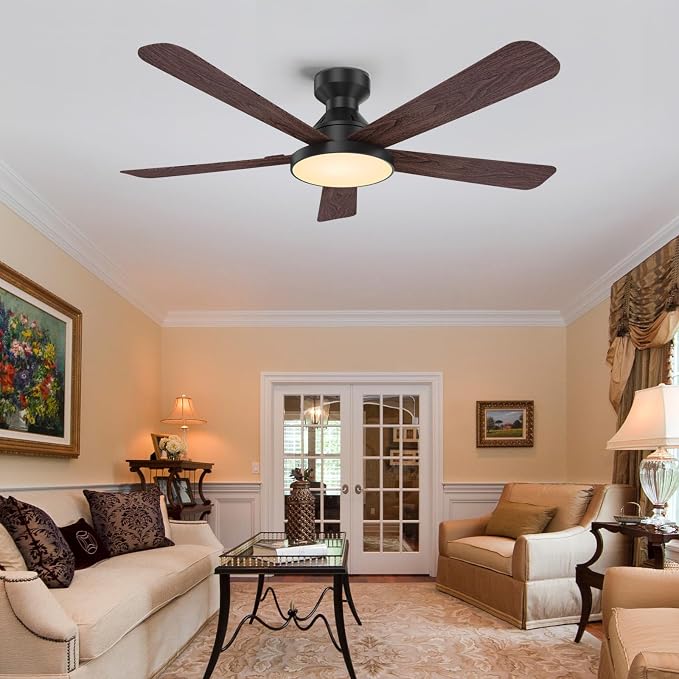 Ceiling Fans with Lights, 52 inch Low Profile Ceiling Fan with Light, Remote/App Control, Flush Mount Black Ceiling Fan for Bedroom, Indoor/Outdoor (Dark Wood)