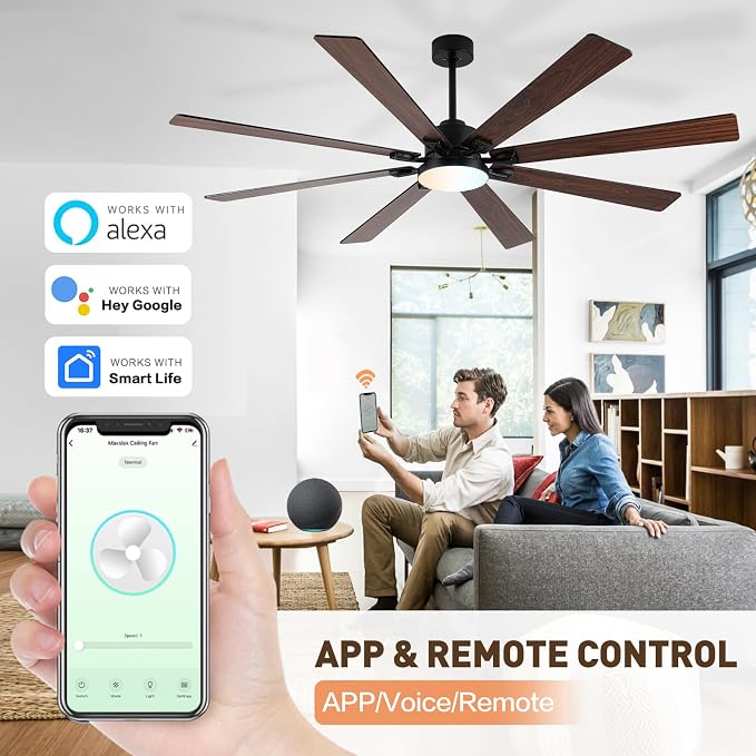Minislak 72 Large Smart Ceiling Fan with Lights and Remote,Black Indoor & Outdoor Ceiling Fan for Living Room,Patio,6 Speed,Quiet DC Motor,3CCT,8 Wooden Blades