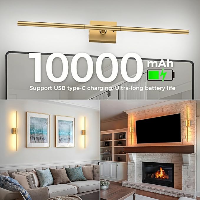 Battery Operated Wall Sconces Set of Two: Dimmable Wireless Wall Lights with Remote, 31-inch LED Rechargeable Sconces, 360° Lighting Wall Scone Decor for TV, Mirror, Bedroom, Living Room(Gold)
