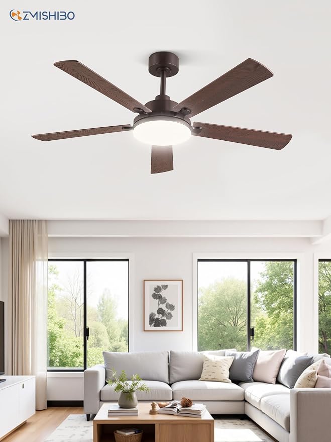 52 Inch Ceiling Fan with Remote, Indoor/Outdoor Brown Ceiling Fan with Large LED Panel, Quiet Reversible DC Motor, 6-Speed, 3000-6500K Stepless Dimming, Farmhouse Ceiling Fan for Bedroom, Living Room