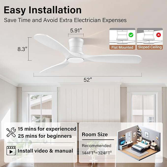52" White Wood Flush Mount Ceiling Fans with Lights and Remote,Quiet DC Motor,Dimmable,Reversible,Ultra Low Profile Ceiling Fan for Master Bedroom Living Room Patio,Modern Indoor/Outdoor Use