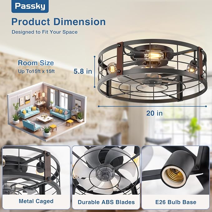 Passky 20" Farmhouse Flush Mount Ceiling Fans with Lights and Remote, Industrial Black Caged Low Profile Fandelier, 6 Speeds Bladeless Ceiling Fan for Bedroom, Kitchen, Living Room