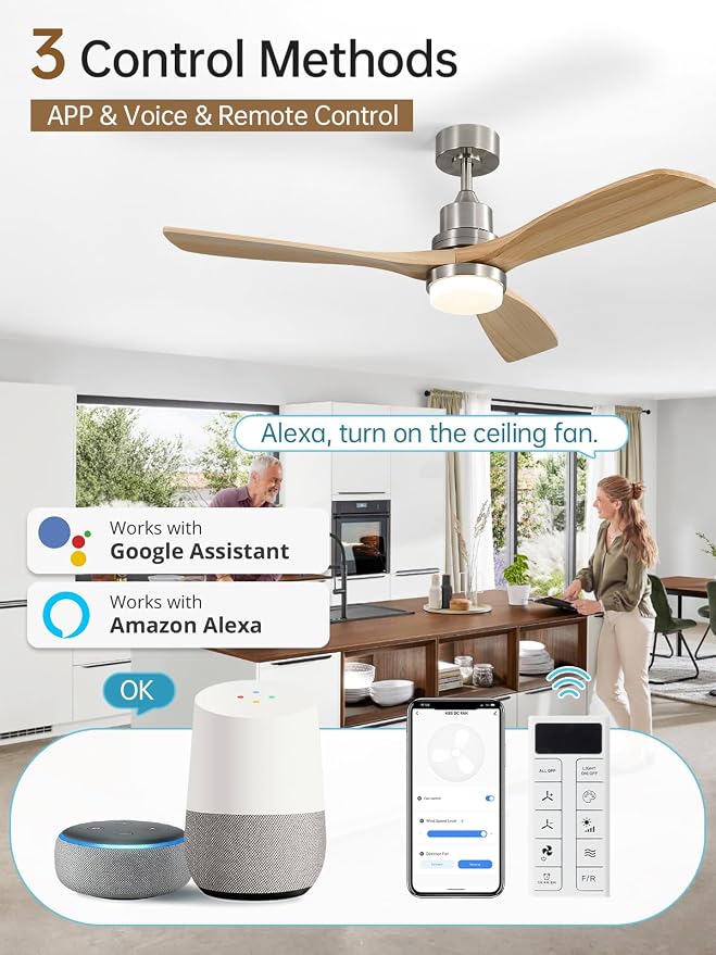 Sofucor 52 Inch Smart Ceiling Fans with Lights and Alexa/APP/Remote Control-Modern Outdoor 3 Solid Wood Blades Ceiling Fan for Bedroom Living Room Patio, Sandy Nickel&Natural Wood