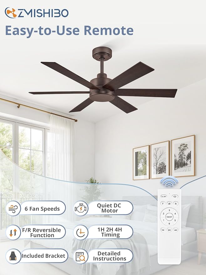 ZMISHIBO 42 Inch Ceiling Fans No Lights, Farmhouse Rustic Ceiling Fan Without Light, 6 Blades, Quiet Reversible DC Motor, 6-Speeds, Brown Ceiling Fans for Bedroom, Living Room, Porch, Indoor/Outdoor