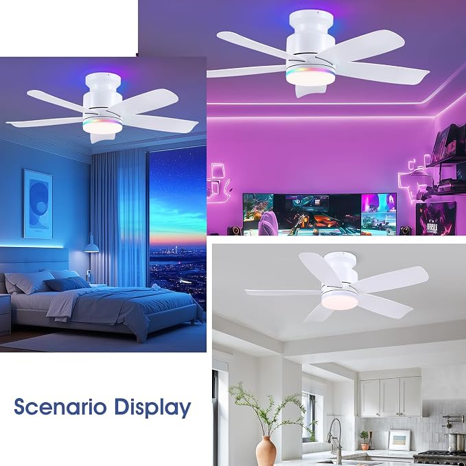 Wiviniya Ceiling Fans with RGB Lights Remote/APP Control, 41 inch Flush Mount Ceiling Fan, 3 CCT LED Dimmable White Lights + RGB Ring Lights, 5 Reversible Plastic Blades 6 Speeds for Kidsroom, White