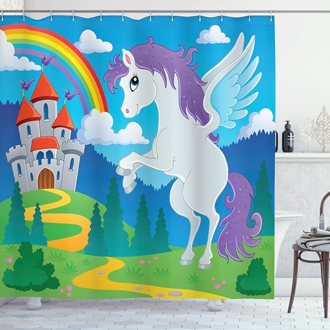 Ambesonne Fantasy Shower Curtain, Surreal Mythical Unicorn Rainbow and Medieval Castle Cartoon Design, Cloth Fabric Bathroom Decor Set with Hooks, 69" W x 84" L, Aqua Green