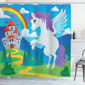 Ambesonne Fantasy Shower Curtain, Surreal Mythical Unicorn Rainbow and Medieval Castle Cartoon Design, Cloth Fabric Bathroom Decor Set with Hooks, 69" W x 84" L, Aqua Green
