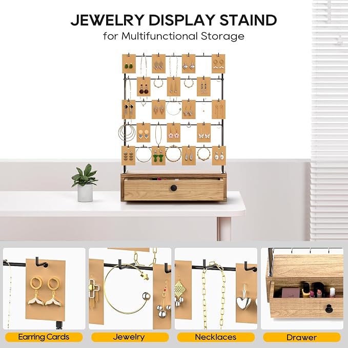 ORLESS 5-Tier Jewelry Display for Vendors, Earring Holder Organizer with Storage Drawer Box, Necklace Display Holder for Selling, Earring Cards Organizer for Bracelets, Rings, Natural Wood(35 Hooks)