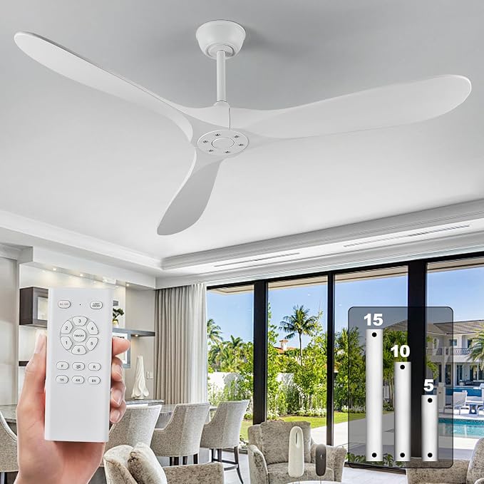 Ceiling Fans Without Light,60 Inch Outdoor Ceiling Fans no Light, 3 Blade Solid Wood Ceiling Fan with Remote Control for Patios Living Room Bedroom Porch. (White Blades + White Body, 60inch)