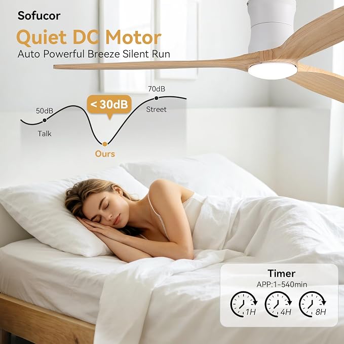 Sofucor 52" Smart Ceiling Fan, Solid Wood Ceiling Fan with Lights and Remote, Flush Mount Ceiling Fan Works with Alexa/Google/App, Dimmable 6-Speed Timing Reversible DC Motor for Bedroom Living Room