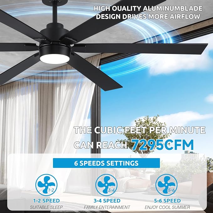 66 Inch Outdoor Ceiling Fans for Patios with Lights Damp Rated, Large Modern Black Ceiling Fans with 6 Blades, High CFM Quiet Reversible DC Motor, for Indoor Living Room Commercial Exterior Gazebo