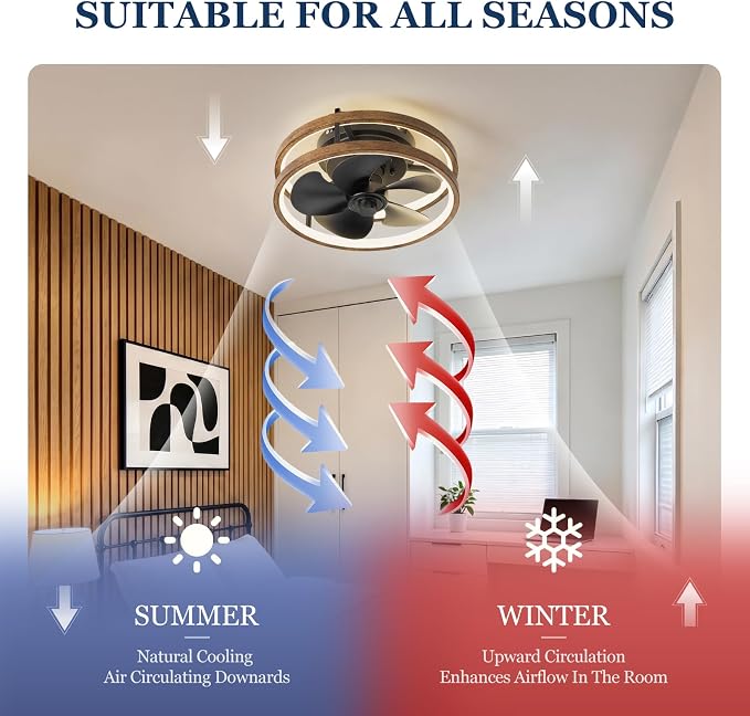 13 Inch Small Ceiling Fan with Light and Remote, Low Profile Flush Mount Fandelier, Dimmable 3CCT Quiet LED Ceiling Fans for Bedroom, Wooden Black