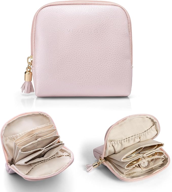 VLANDO Small Jewelry Travel Case,Jewelry Pouch Bags with Zipper,Velvet Jewelry Organizer Storage Bag for Bracelet Rings Earring Travel Essentials Gifts for Women Girl-Pearl Pink