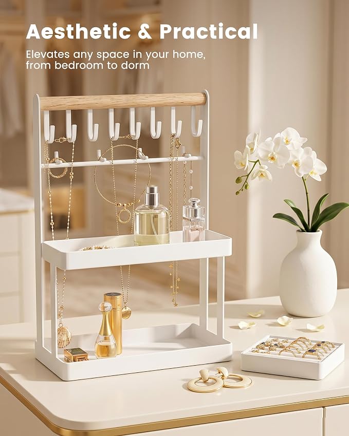 4-Tier Jewelry Organizer Stand with 12 Hooks & Velvet Ring Tray, Necklace Holder, Tangle-Free Jewelry Display for Bracelets Rings, Room Dorm Decor for Dresser Vanity, Gift for Teen Girls, White
