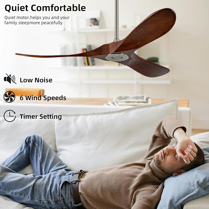 60 Inch Ceiling Fan Without Light, Deep Walnut Remote Control 6 Speed Silent Ceiling Fan Without Light,Suitable for Courtyard, Porch, Bedroom and Outdoor.