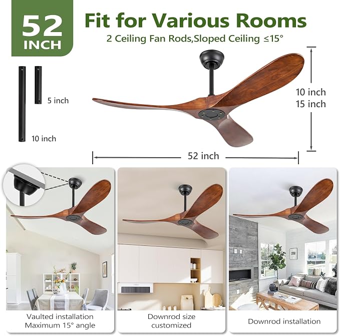 52 Inch Walnut Outdoor Ceiling Fan No Light, Solid Wood Ceiling Fans Without Lights, Mid-sized Modern 3 Blade Quiet Dc Ceiling Fans For Slanted Ceilings, Rustic Wood Ceiling Fan For Garage