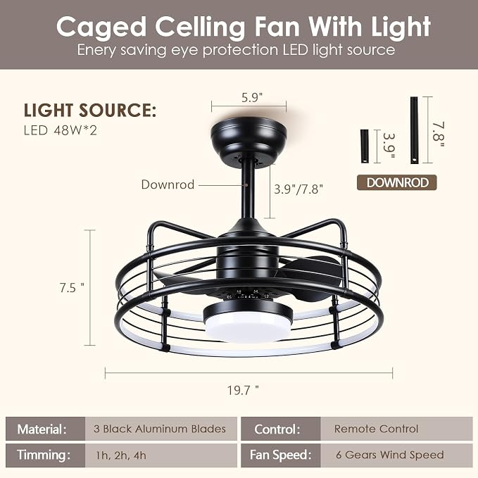 SHIHOT 20" Caged Ceiling Fans with Lights - Bladeless Black Ceiling Fans with Remote, Reversible and Dimmable,Industrial Ceiling Fans with 6-Speed for Bedroom Kitchen