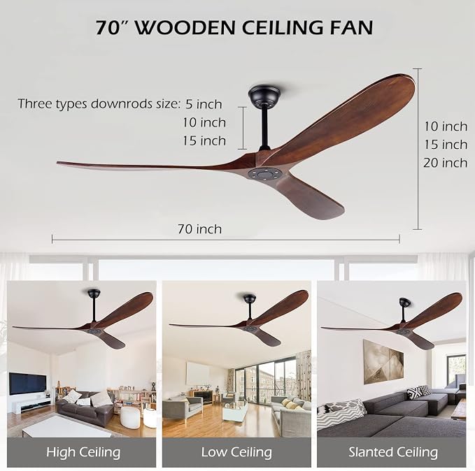 72 Inch Ceiling Fan No Light ，Wood Outdoor Ceiling Fans for Patios Living Room Garage Gazebo Mid Century Modern Exterior Extra Large Waterproof Ceiling Fan Without Light with Downrod (Walnut)