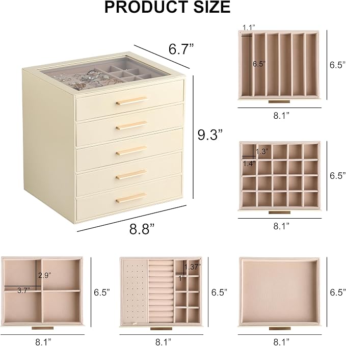 Frebeauty Jewelry Box for Women,Clear Lid Jewelry Organizer with 5 Drawers | Faux Leather,Velvet Lining,5-Layer Large Capacity,Jewelry Storage for Rings Earrings,Dustproof Design,Golden Stylish Handle