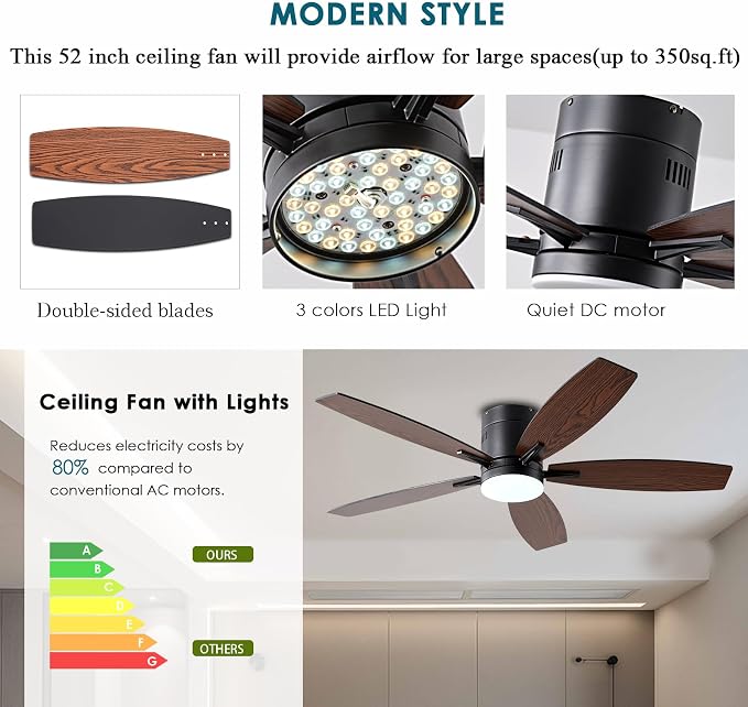 Ayaoty Ceiling Fans with Lights, 52" Low Profile Indoor Ceiling Fan with Light and Remote Control, Dimmable, Noiseless, Reversible, Brown Ceiling Fan for Bedroom, Indoor/Outdoor Use
