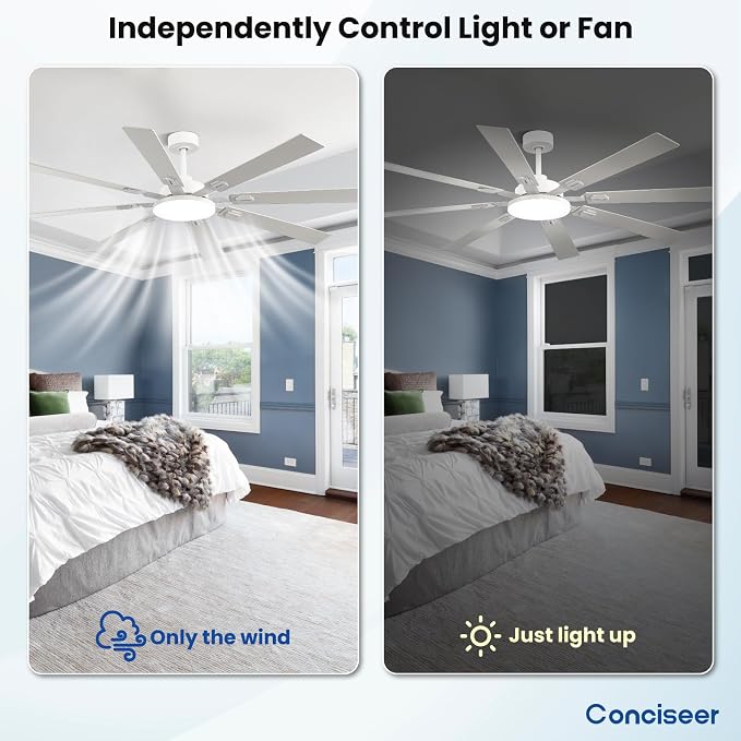 72 Inch Ceiling Fans with Lights and Remote, Dual Color 8 Blades, Bedroom Living Room Office Library Cafe Outdoor Industrial, 3CCT Dimmable, 6 Speed Reversible Quiet DC Motor, White/Wood Grain