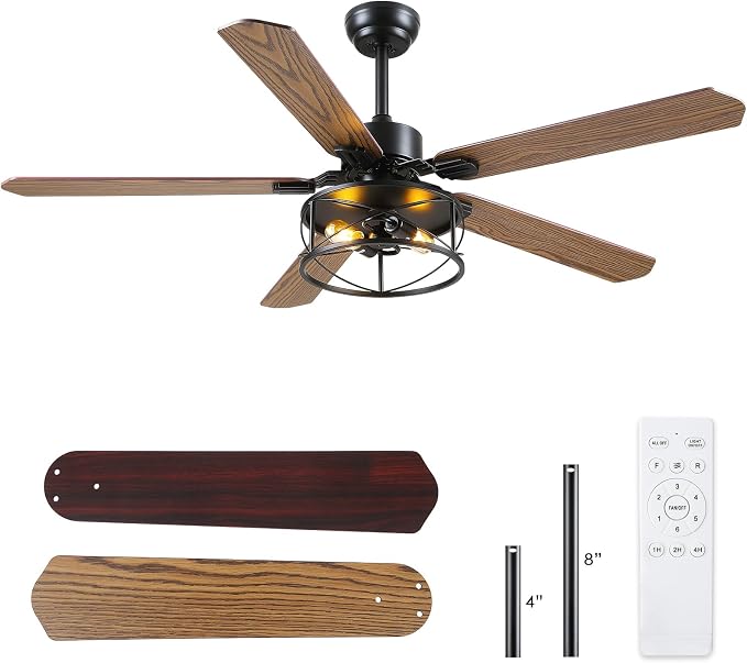 Hounberi 56" Rustic Farmhouse Ceiling Fan with Light and Remote | 5 Dual Finish Blades, 6 Speeds, Reversible DC Motor, Caged Rustic Ceiling Fan for Dining Room, Living Room, Bedroom, Porch