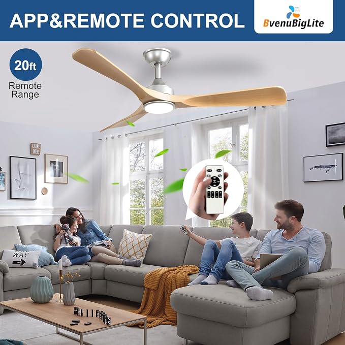 Outdoor Ceiling Fan with Light: 52 Inch 3 Blade Outdoor Fans for Patios - Modern Wood Ceiling Fan with Dimmable Light Remote APP Control Ultra Quiet Reversible DC Motor Timer